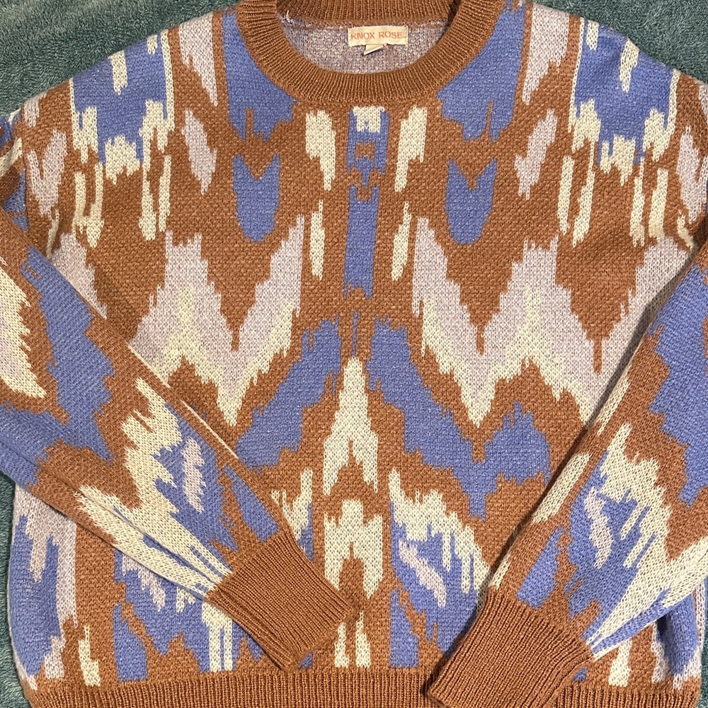Knox Rose Brown and Blue Patterned Crewneck Sweater